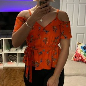 Floral Cold Shoulder Red Orange Top